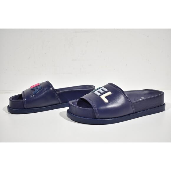 Chanel 22S Navy Blue Lambskin Multicolor CHANEL Letter Logo Flat Slide Sandal 37 - Picture 10 of 12